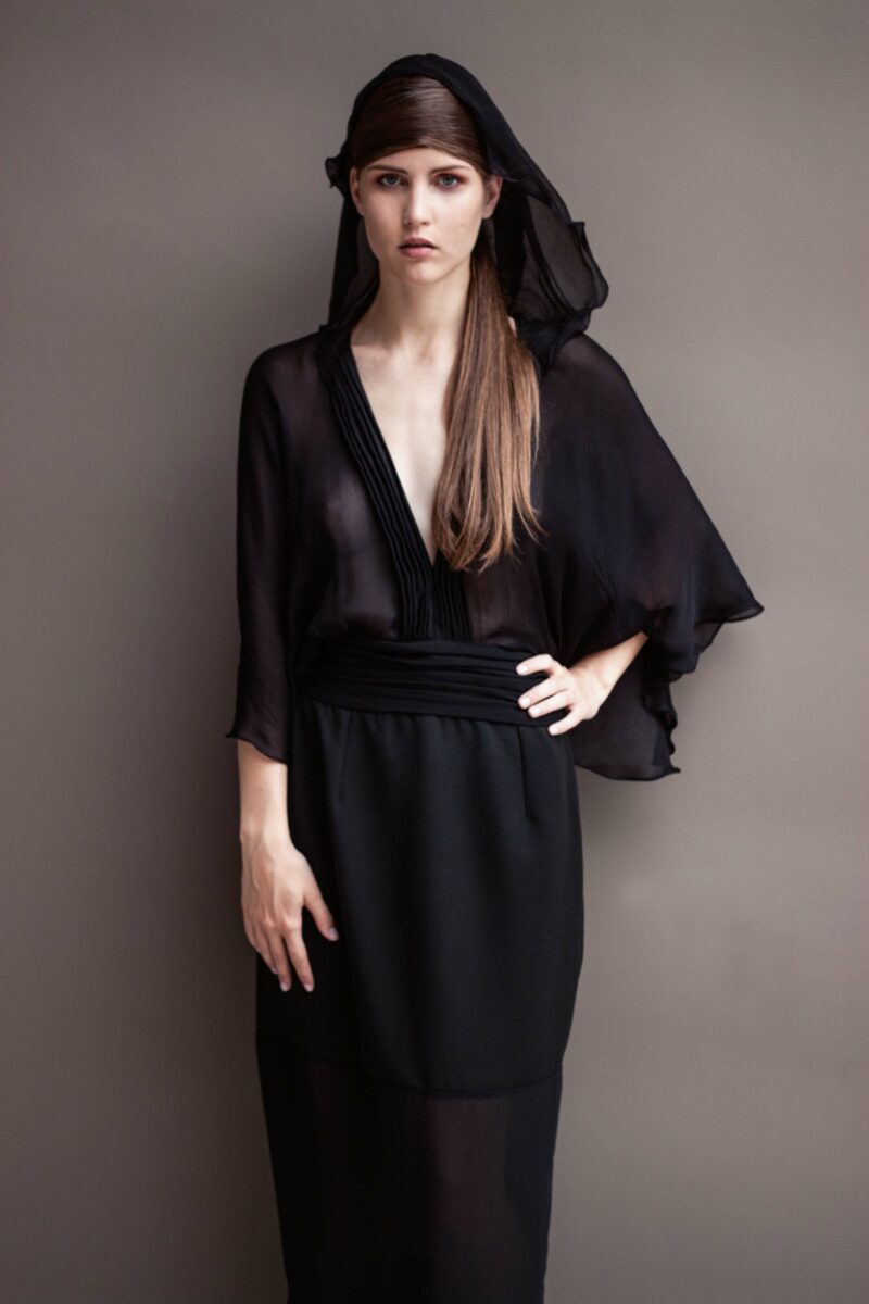 ELENA SAVÓ evening black elegant dress with hood 2