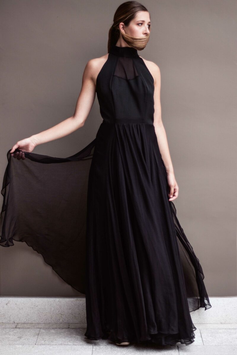 ELENA SAVÓ long balck silk dress with shawl