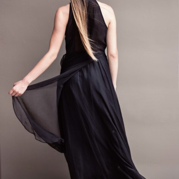 ELENA SAVÓ long balck silk dress with shawl back