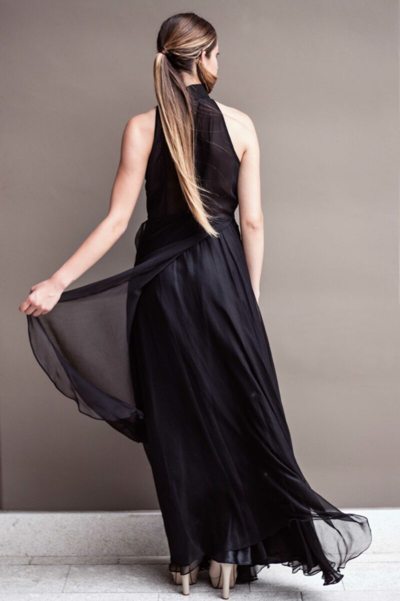 ELENA SAVÓ long balck silk dress with shawl back